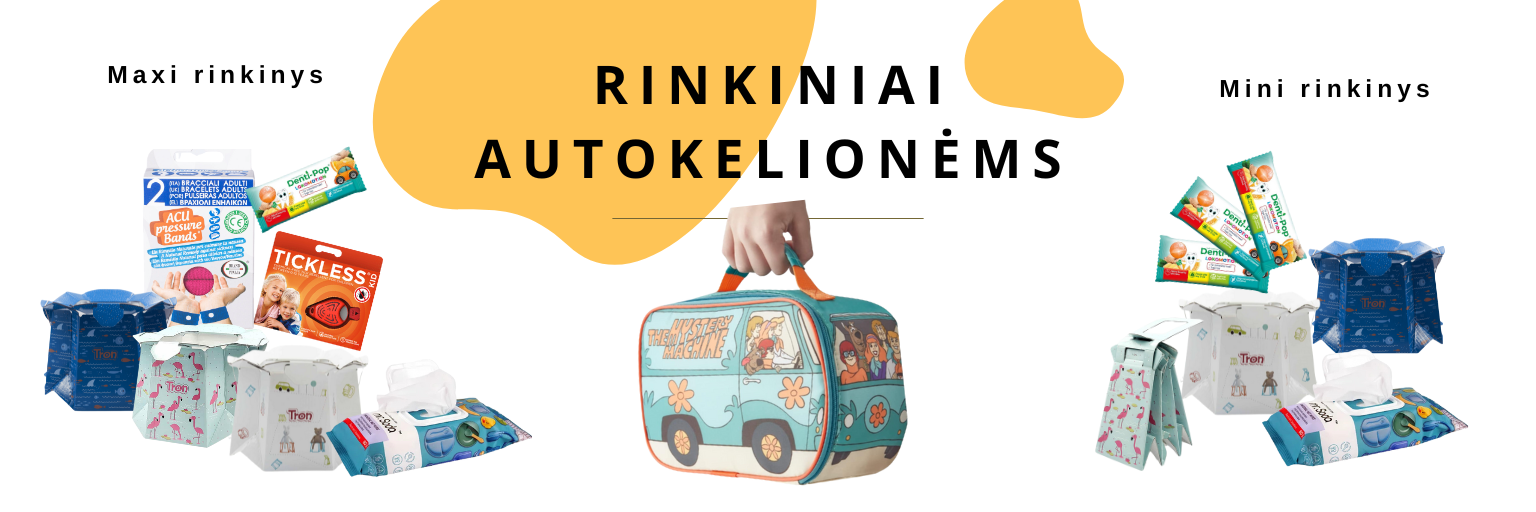 Rinkinys autokelionėms su vaikais apyrankė nuo pykinimo erkių vienkartinis tualetas